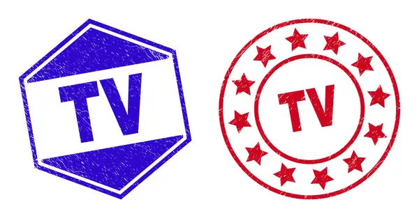 TV-Texturierte Briefmarken in runden und sechseckigen Formen — Stockvektor