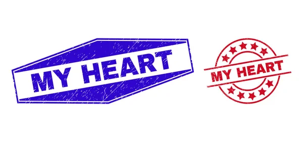 MY HEART Grunge Stamp Seals in Round and Hexagon Shapes — Διανυσματικό Αρχείο