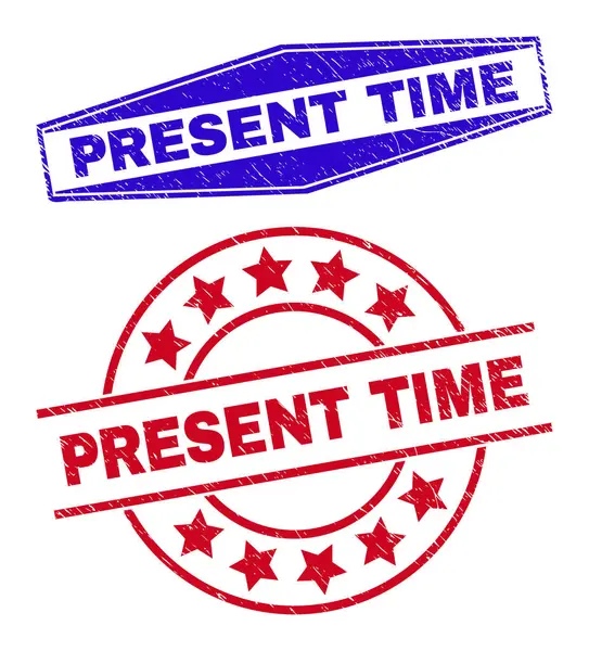 PRESENT TIME Distress Seals in Round and Hexagonal Forms — Stock Vector