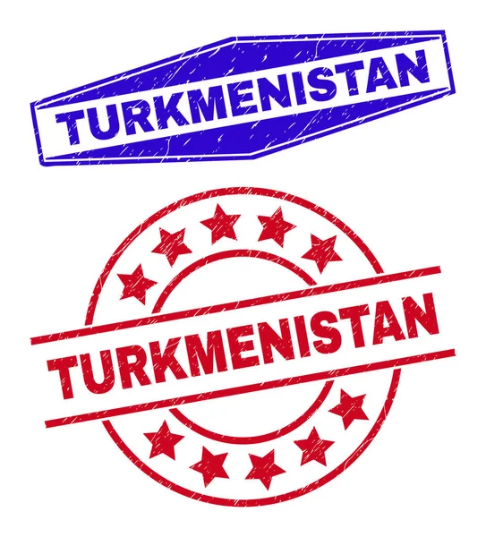 TURKMENISTAN Grunge Razítka v kruhových a šestiúhelníkových tvarech — Stockový vektor