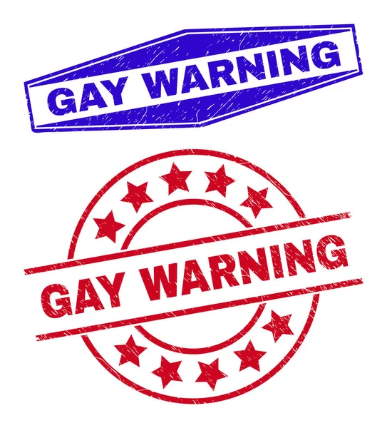 GAY WARNING Corroded Stamps in Round and Hexagonal Shapes — Stock Vector