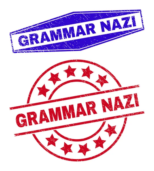 GRAMMAR NAZI Grunge Seals in Circle and Hexagon Forms — Stock Vector