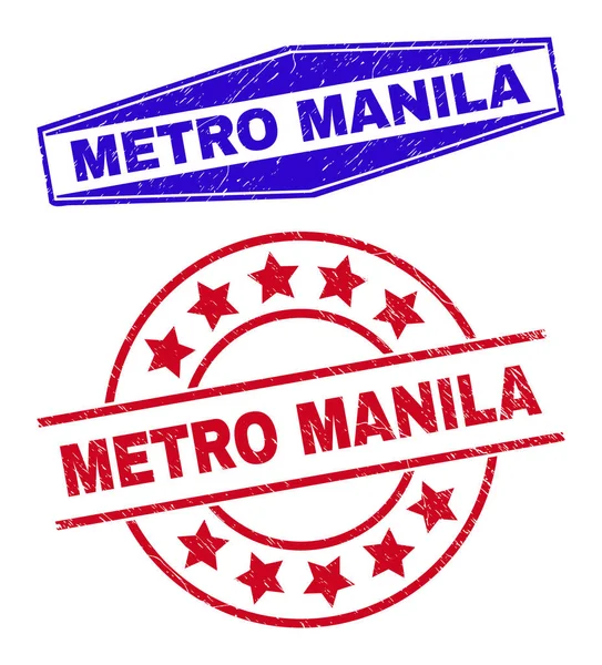 METRO MANILA Scratched Stamp Seals in Circle and Hexagon Shapes — 图库矢量图片