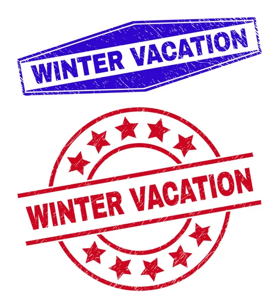 WINTER VACATION Grunged Badges in Circle and Hexagonal Forms — Διανυσματικό Αρχείο