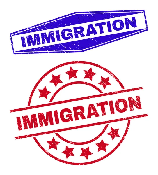 INMIGRACIÓN Sellos sucios en forma de círculo y hexágono — Vector de stock