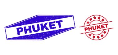 PHUKET Grunged Stamps in Circle and Hexagonal Shapes