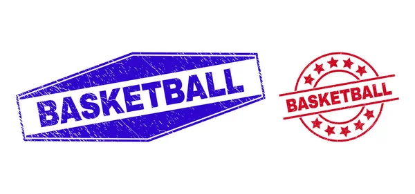 BASKETBALL Grunged Stamps in Round and Hexagon Forms — Stok Vektör