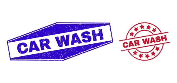 CAR WASH Distress Stamp Seals in Circle and Hexagonal Forms — Stok Vektör