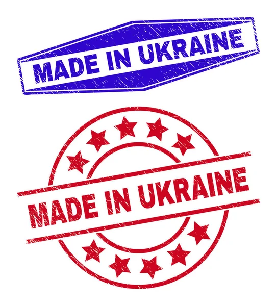 MADE I UKRAINE repade stämplar i cirkel och Hexagon former — Stock vektor