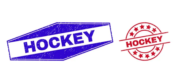 HOCKEY Unclean Badges in Circle and Hexagon Shapes — Stock Vector