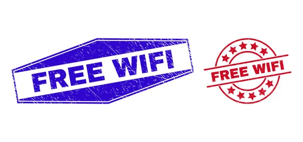 GRATIS WIFI Grunge Stamp Seals in ronde en zeshoekige vormen — Stockvector