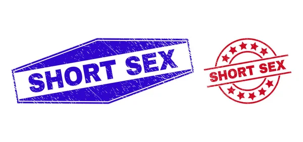 Selos de selo Grunged SEX SHORT em formas redondas e hexágonas —  Vetores de Stock