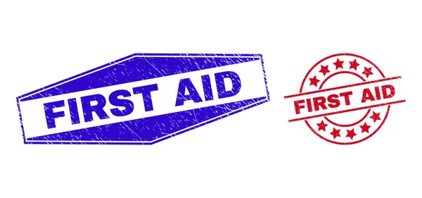 FIRST AID Штампи в круглих і шестикутних формах — стоковий вектор