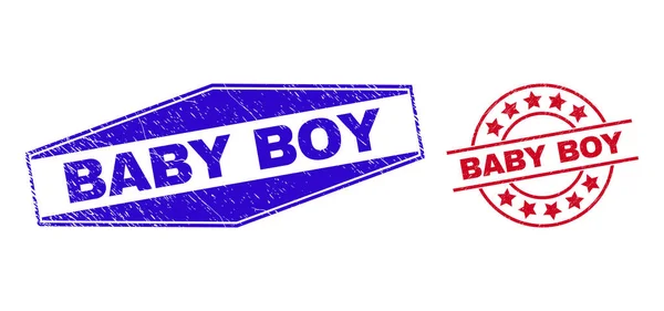 BABY BOY Grunge Stempelsiegel in Kreis- und Sechseckform — Stockvektor