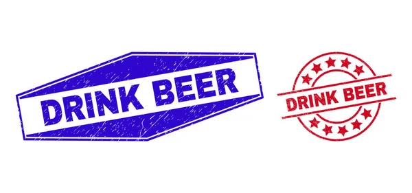 DRINK BEER Grunged Watermarks in runder und sechseckiger Form — Stockvektor