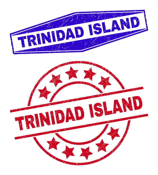 TRINIDAD ISLAND Grunge Razítka v kulatých a šestiúhelníkových tvarech — Stockový vektor