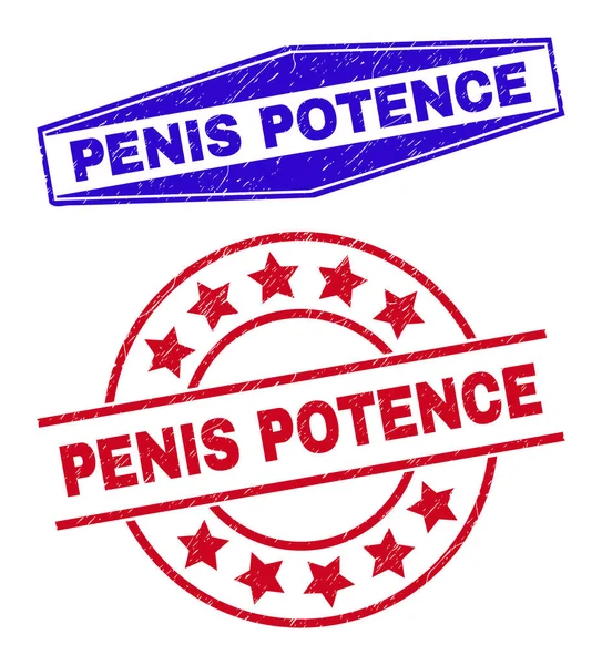 PENIS POTENCE Scratched Stamps in Round and Hexagon Forms — Stok Vektör