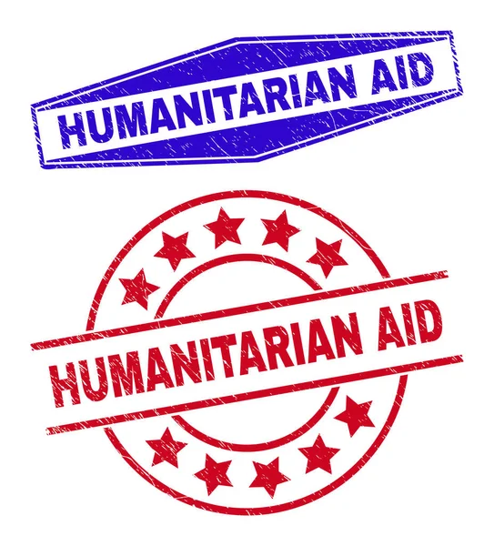 HUMANITARIAN AID Grunged Badges in Kreis- und Sechseckform — Stockvektor