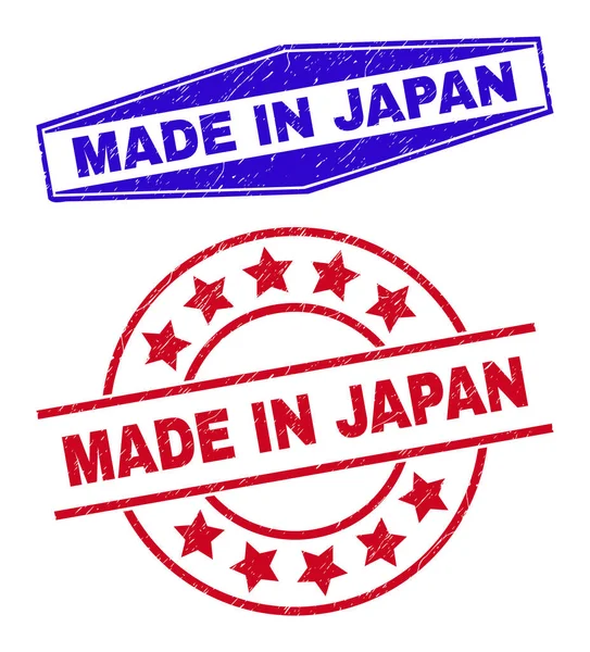 MADE IN JAPAN Grunged Seals in Circle and Hexagon Shapes — Stock Vector