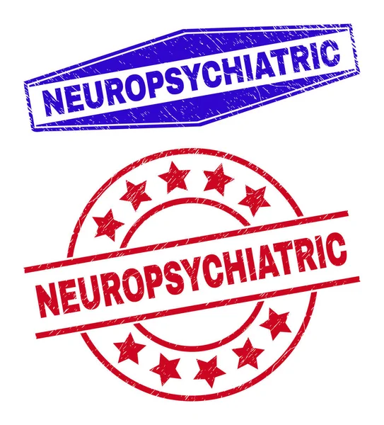 NEUROPSYCHIATRIC Διαβρωμένες σφραγίδες σε στρογγυλές και εξάγωνες μορφές — Διανυσματικό Αρχείο