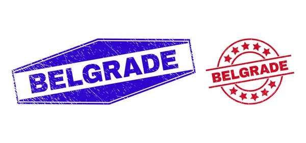 BELGRADE Grunge Badges in Round and Hexagonal Forms — стоковий вектор