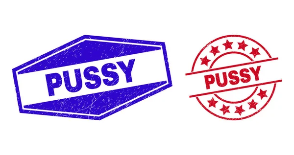PUSSY Distress Stamp Seals in Circle and Hexagon Forms — Διανυσματικό Αρχείο