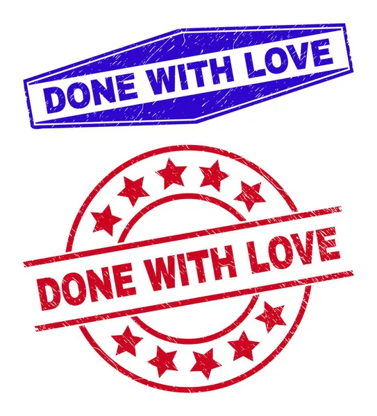 DONE WITH LOVE Rubber Watermarks in Circle and Hexagonal Shapes — Stockový vektor