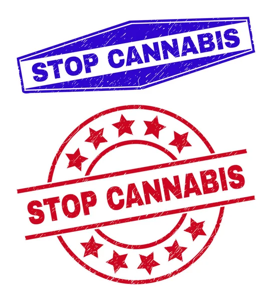 STOP CANNABIS Grunged Badges in runden und sechseckigen Formen — Stockvektor