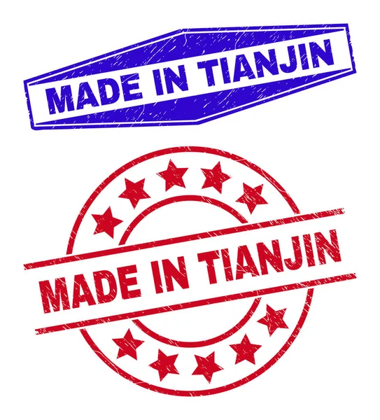 MADE IN TIANJIN Grunged Badges in Round and Hexagonal Forms — Stock Vector