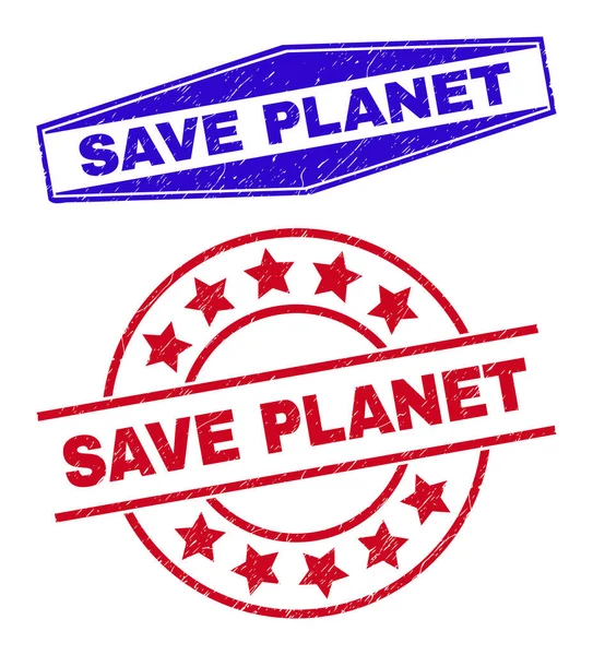 SAVE PLANET Corroded Stamp Seals in Circle and Hexagonal Forms - Stok Vektor