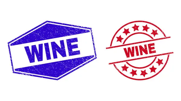 WINE Grunged Stamp Seals in Round and Hexagon Shapes — стоковий вектор