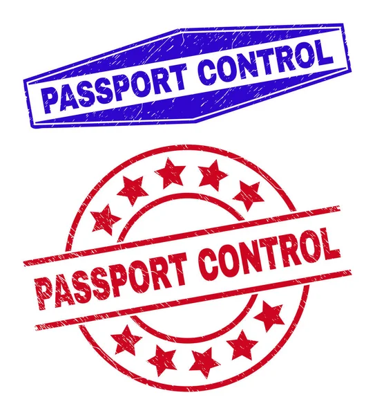 PASSPORT CONTROL Unclean Stamp Seals in Circle and Hexagon Forms — стоковий вектор