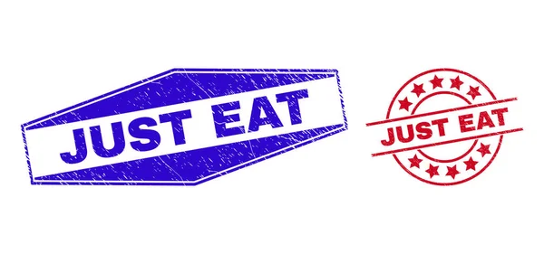 JUST EAT Grunged Stamp Seals in Circle and Hexagonal Shapes — ストックベクタ