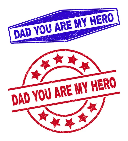 DAD YOU ARE MY HERO Scratched Stamp Seals in Round and Hexagonal Shapes —  Vetores de Stock