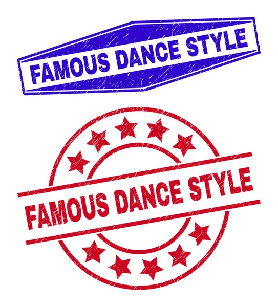 FAMOUS DANCE STYLE Corroded Stamps in Circle and Hexagon Shapes — Stock Vector