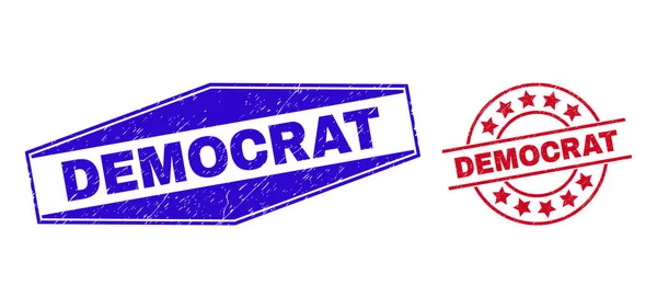 DEMOCRAT Grunged Watermarks in Round and Hexagon Shapes — Stockový vektor
