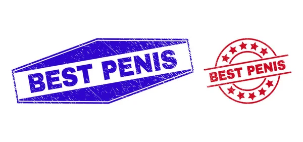 BEST PENIS Corroded Stamps in Circle and Hexagon Shapes — 스톡 벡터