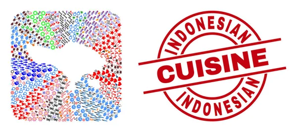 Segel Meterai Masakan Indonesia dan Bali Peta Stencil Mosaic - Stok Vektor