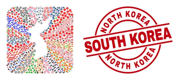 Corea del Norte Corea del Sur Sello y Corea Mapa Mosaico invertido — Vector de stock