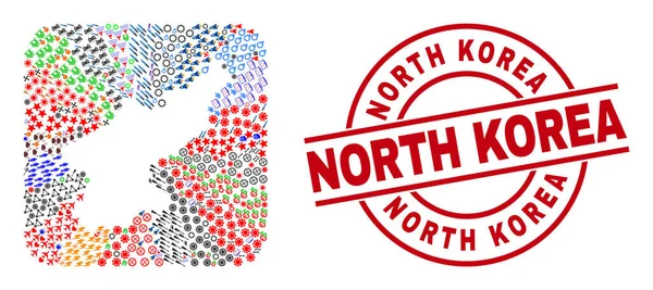 Corea del Norte Sello y Corea del Norte Mapa Mosaico restado — Vector de stock