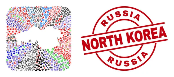 Russie Timbre de Corée du Nord et Province du Brabant-Septentrional Carte géographique Mosaïque inversée — Image vectorielle