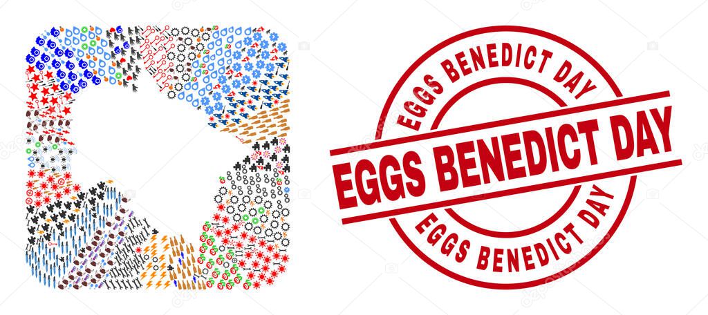 Eggs Benedict Day Stamp Seal and Uttarakhand State Map Stencil Mosaic