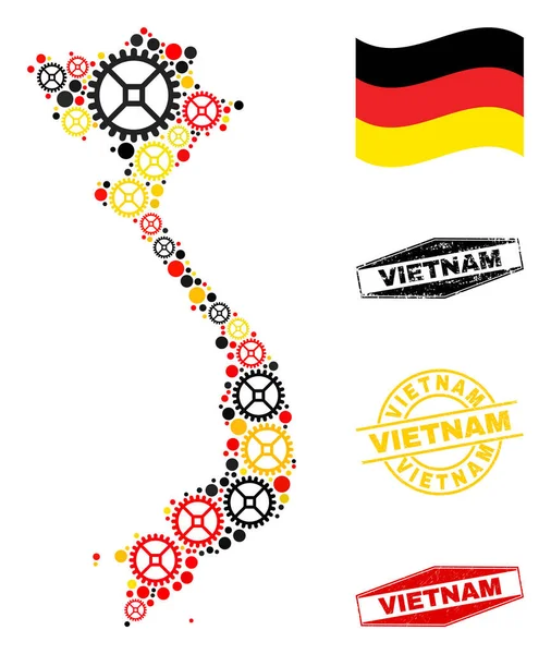 Workshop Composition Vietnam Map in German Flag Colors and Grunge Stampds — 스톡 벡터