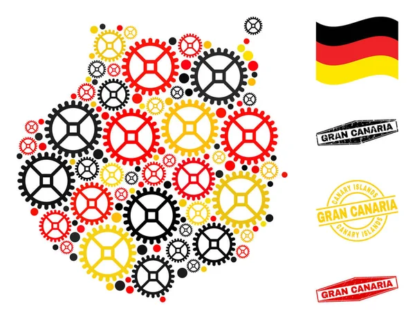 Mapa de Gran Canaria em mosaico de rodas em alemão Bandeira Cores e Selos Grunge — Vetor de Stock