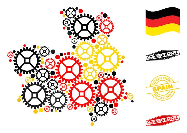 Composición Rueda Provincia de Castilla-La Mancha Mapa en Bandera Alemana Colores y Grunge Sellos — Vector de stock