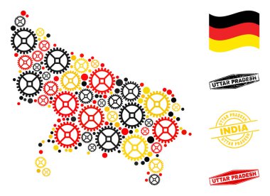 Alman Bayrak Renkleri ve Grunge Pullarıyla Uttar Pradesh Devlet Haritası