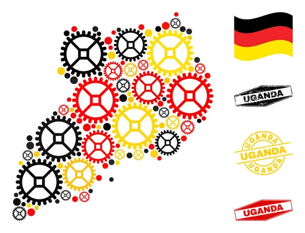 Gear Mosaic Uganda Map in German Flag Colors and Grunge Stamps — Stock Vector