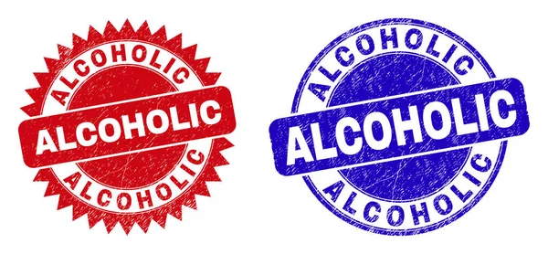 ALCOHOLIC Rounded and Rosette Stamp Seals with Grunged Style — 图库矢量图片