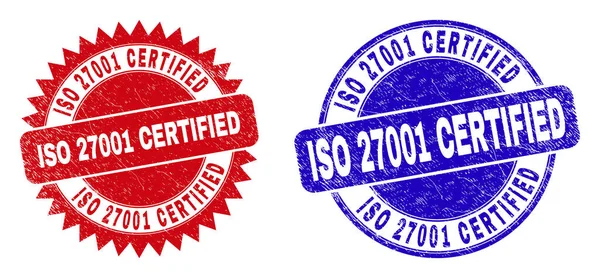 ISO 27001 ZERTIFIZIERTE Rund- und Rosettenstempel mit korrodierter Oberfläche — Stockvektor