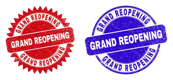 GRAND REOPENING Round and Rosette Stamp Seals with Corroded Style — Stock Vector